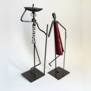 Pair of Kenya Hand Forged Man Woman Candlestick Black Metal Candle Holder